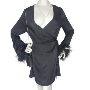 NWT Glamorous Black Satin Feather Wrap Mini Dress Medium | Night Out Luxe